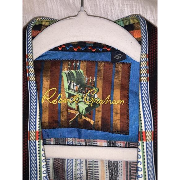 Robert Graham Shirt Mens Sz Large Flip Cuff Multicolor Striped Preppy Art Deco - Picture 6 of 9